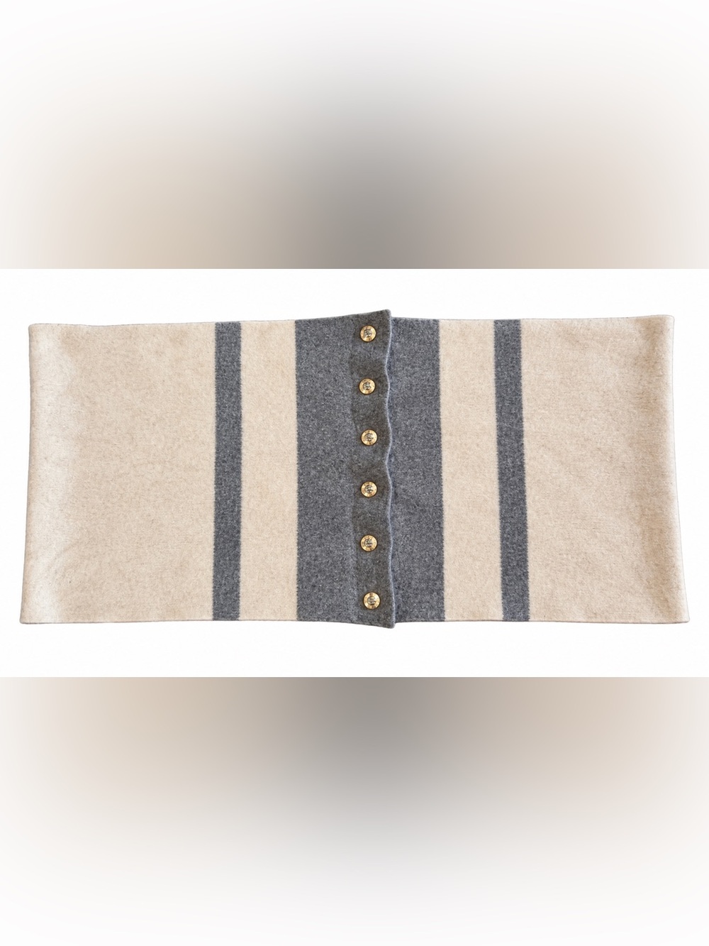 Henri Bendel 100% Cashmere Infinity Scarf Beige Gray Gold Silver Buttons 29” NWT